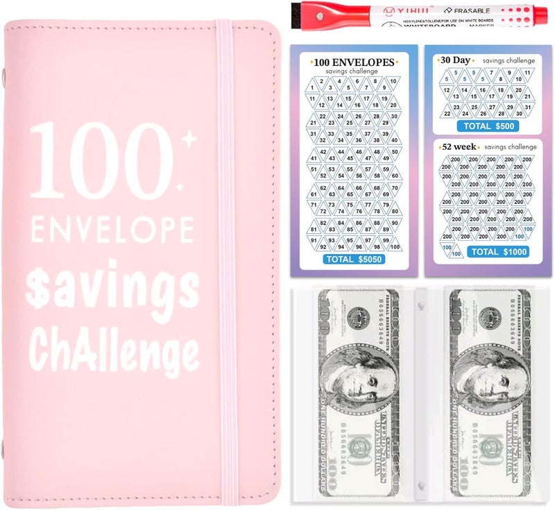 gusutide 100 Envelope Savings Challenge Binder, Money Saving Binder with Cash Envelopes, from 30 Days to 52 Weeks, to Save $500,$5,050 and $10,000, back to school supplies,gift for children (light pink-A6) - Image 1